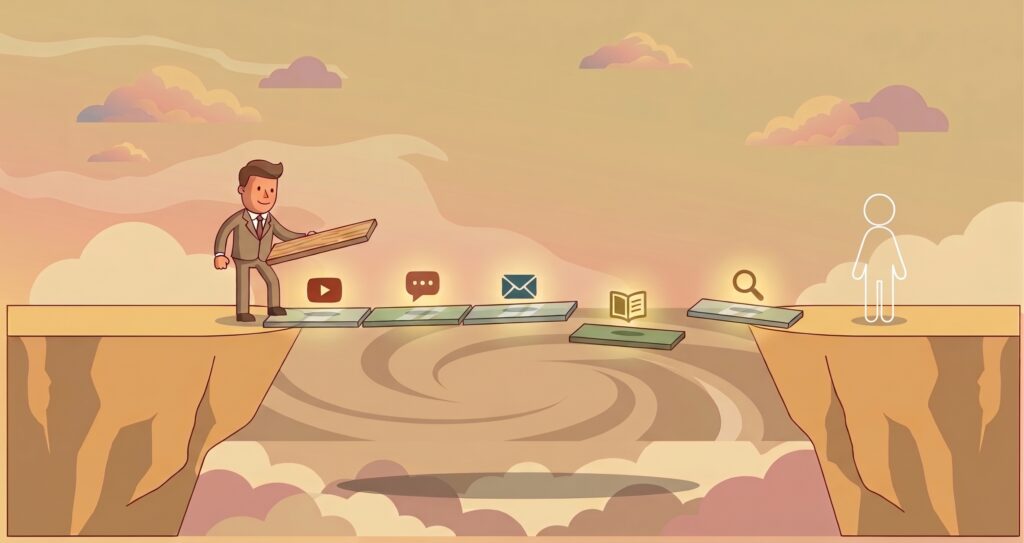Illustration of a businessman building a bridge of content touch points, video, blog, email and social, across a gap toward a patient, representing the 7 11 4 marketing framework
