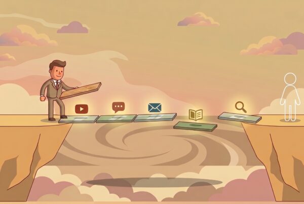 Illustration of a businessman building a bridge of content touch points, video, blog, email and social, across a gap toward a patient, representing the 7 11 4 marketing framework