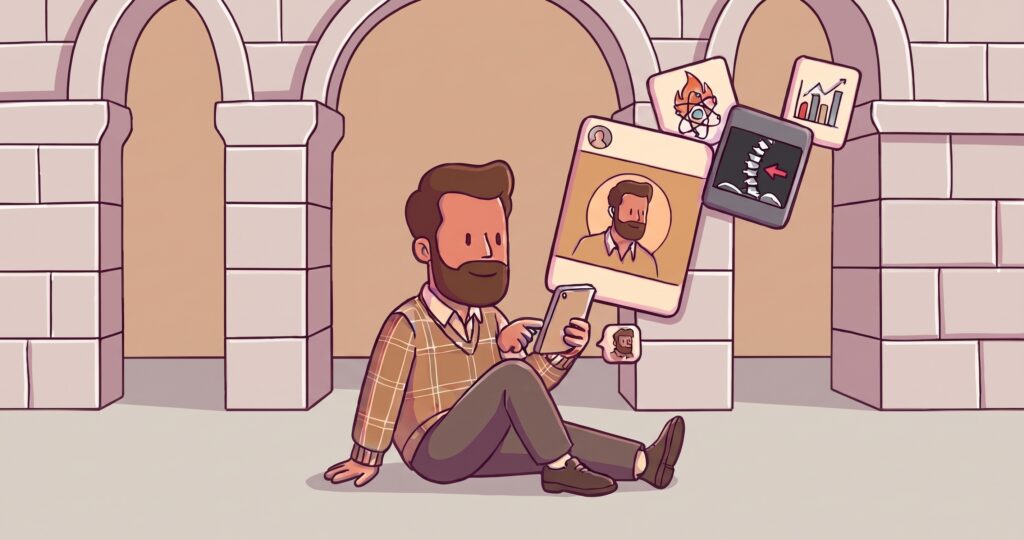 Illustration of a clinic owner relaxing with a tablet as automated tasks like patient reviews, spine assessments and reports float beside him, showing return on time at our Lincoln, Newark and Bawtry clinics