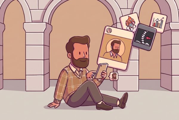 Illustration of a clinic owner relaxing with a tablet as automated tasks like patient reviews, spine assessments and reports float beside him, showing return on time at our Lincoln, Newark and Bawtry clinics