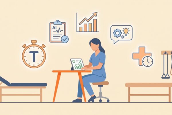 Physiotherapist using NoteSense on a tablet in a private physio clinic, with icons for time saving, clinical notes, KPI growth and coaching insights, from our physiotherapy clinics in Lincoln, Bawtry and Newark.