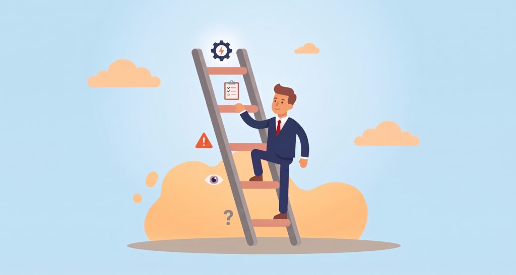 Illustration of a businessman climbing a five-rung ladder representing the stages of clinic KPI tracking, from unaware to fully automated