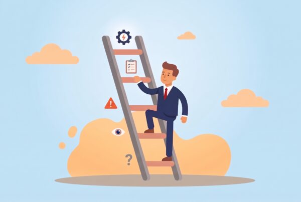 Illustration of a businessman climbing a five-rung ladder representing the stages of clinic KPI tracking, from unaware to fully automated