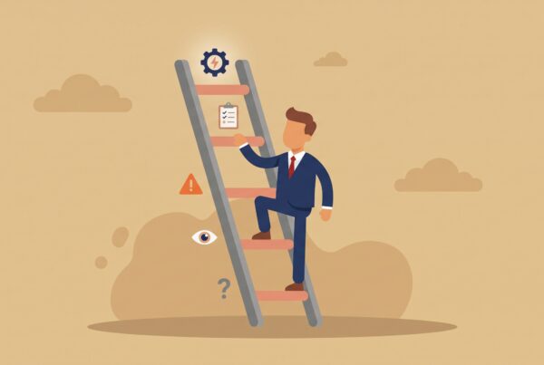 Illustration of a businessman climbing a five-rung ladder representing the stages of clinic KPI tracking, from unaware to fully automated