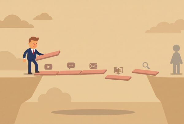 Illustration of a businessman building a bridge of content touch points, video, blog, email and social, across a gap toward a patient, representing the 7 11 4 marketing framework