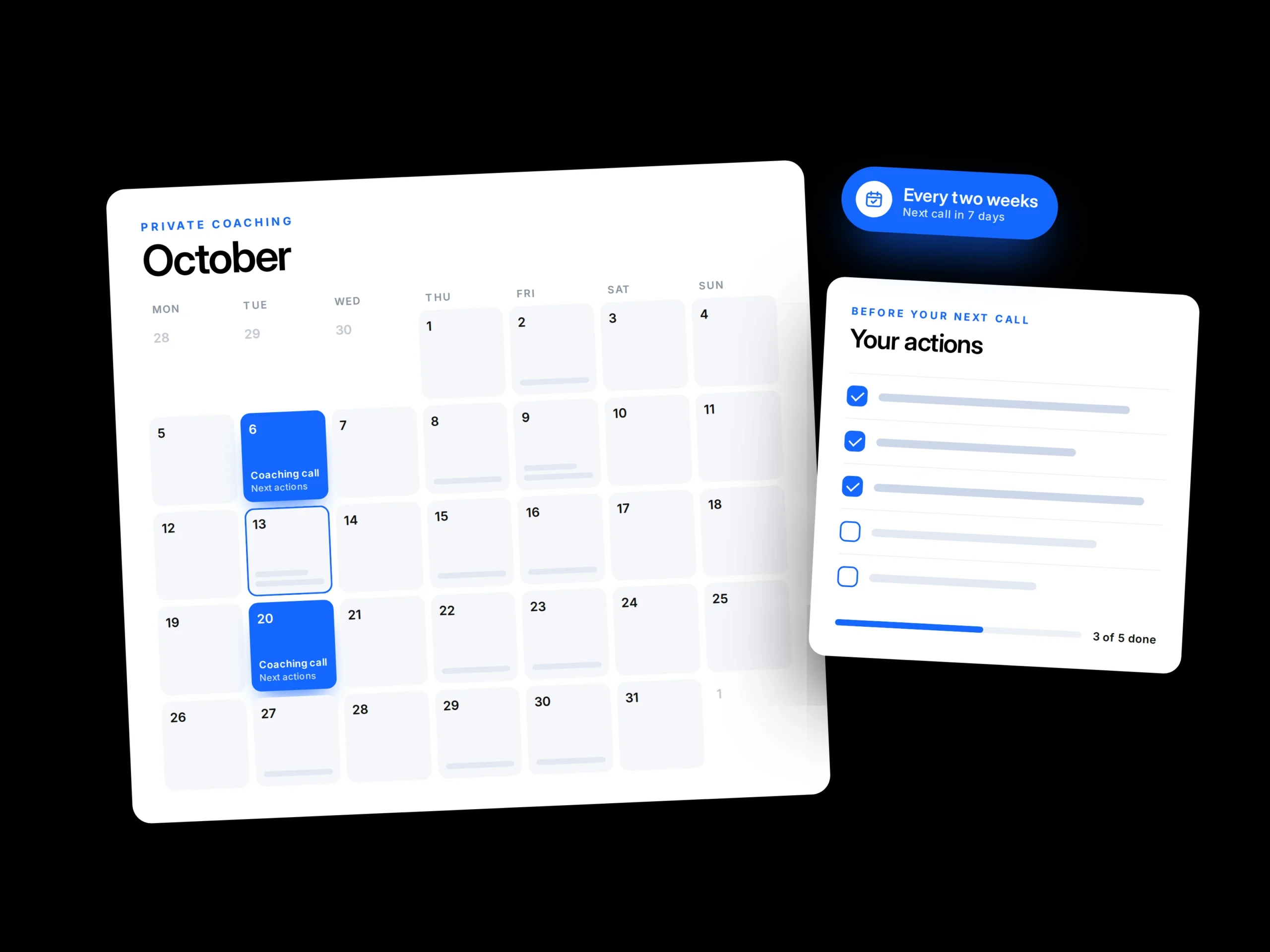 Clinic Builder private coaching calendar showing two coaching calls a month for physio clinic owners, with actions to complete before the next call