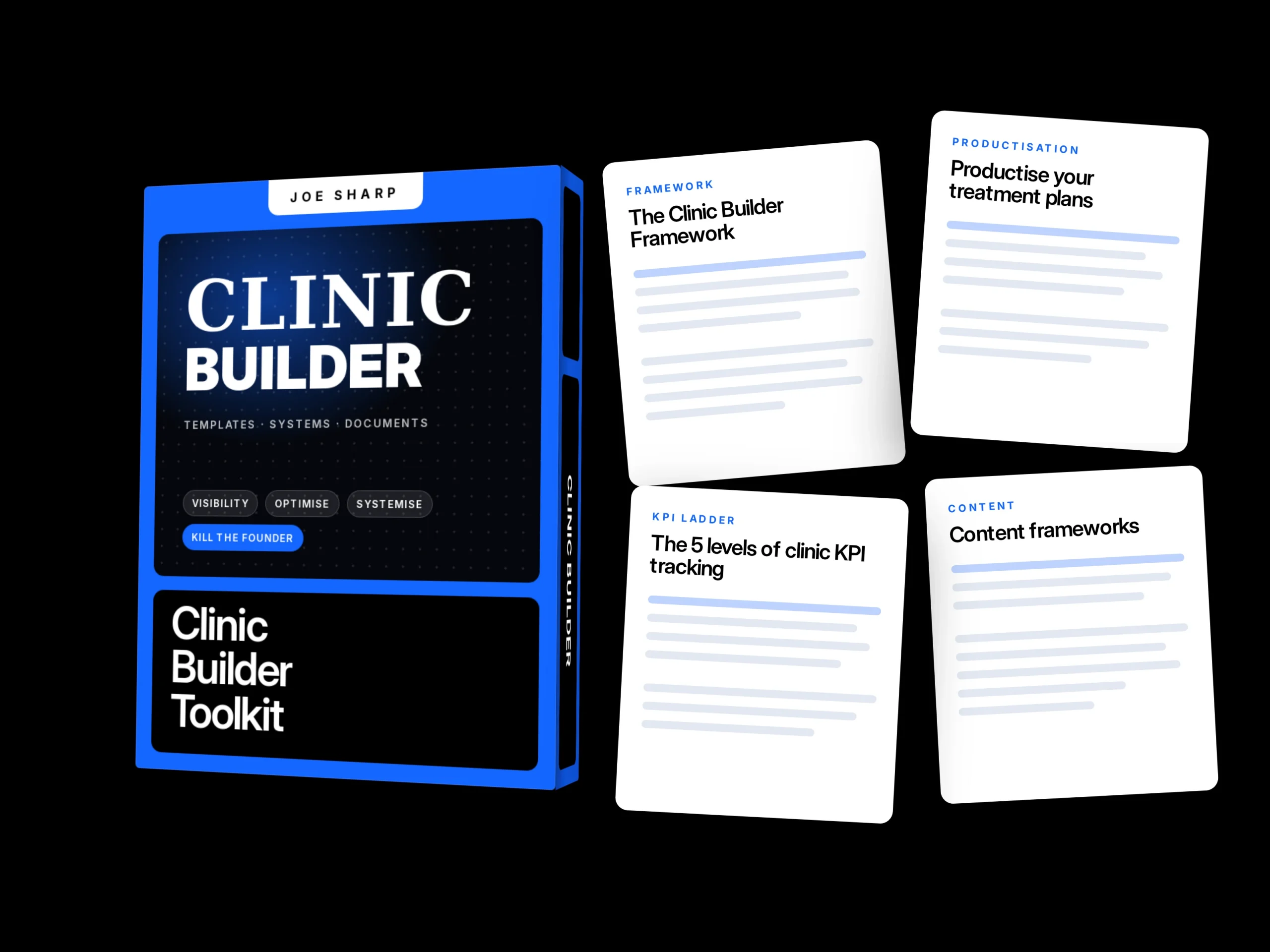 Clinic Builder Toolkit of physio clinic resources, including the Clinic Builder Framework, productisation, KPI ladder and content frameworks