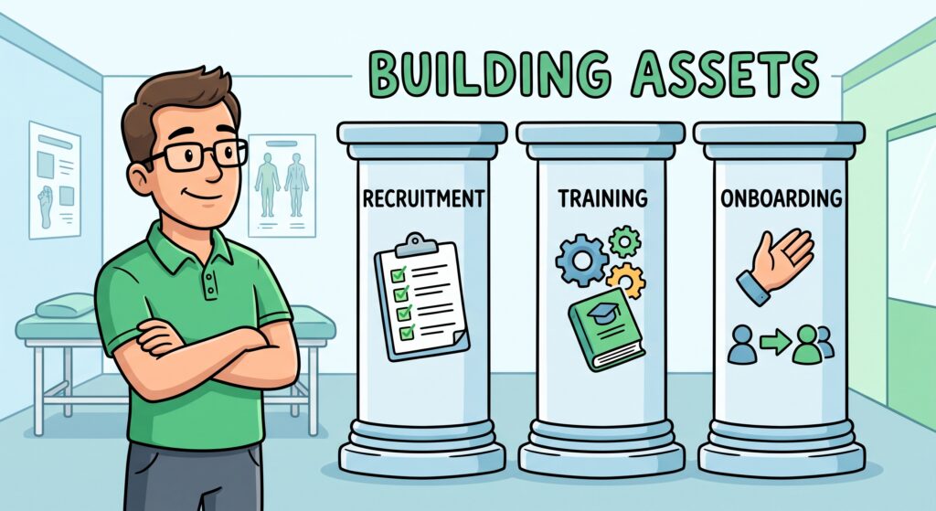 Illustration of a confident physio clinic owner standing beside three pillars labelled Recruitment, Training and Onboarding under the title "Building Assets", representing the systems behind our physiotherapy clinics in Lincoln, Bawtry and Newark.