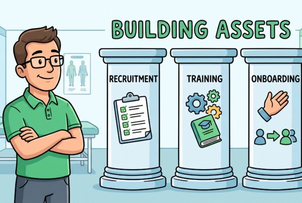 Illustration of a confident physio clinic owner standing beside three pillars labelled Recruitment, Training and Onboarding under the title "Building Assets", representing the systems behind our physiotherapy clinics in Lincoln, Bawtry and Newark.