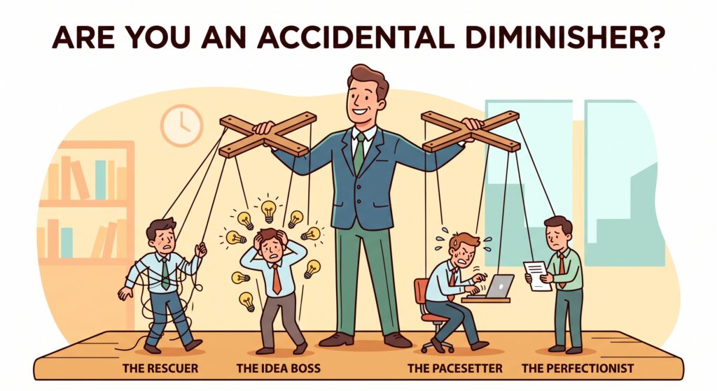 Illustration titled "Are You an Accidental Diminisher?" showing a smiling boss controlling stressed staff like puppets, labelled The Rescuer, The Idea Boss, The Pacesetter and The Perfectionist, illustrating leadership styles from our physiotherapy clinics in Lincoln, Bawtry and Newark.
