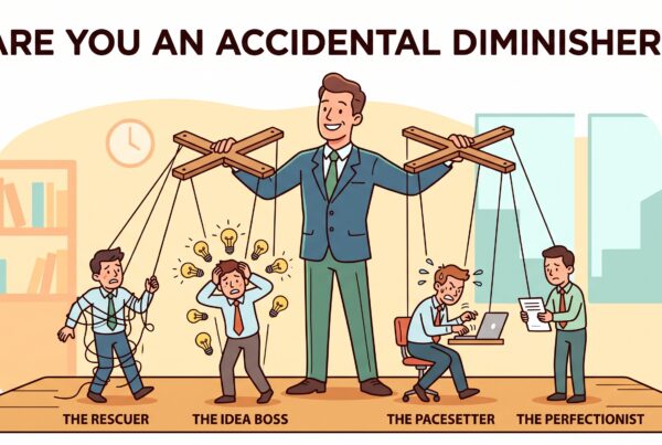 Illustration titled "Are You an Accidental Diminisher?" showing a smiling boss controlling stressed staff like puppets, labelled The Rescuer, The Idea Boss, The Pacesetter and The Perfectionist, illustrating leadership styles from our physiotherapy clinics in Lincoln, Bawtry and Newark.