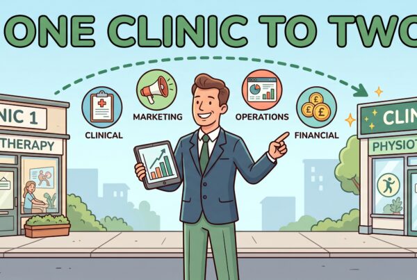 Cartoon illustration titled 'ONE CLINIC TO TWO' featuring a man in a navy suit standing on a street between two physiotherapy shopfronts, pointing from 'Clinic 1' (representing established sites like Bawtry and Lincoln) to a new 'Clinic 2' (Newark), connected by a green dashed arrow highlighting Clinical, Marketing, Operations, and Financial business expansion.