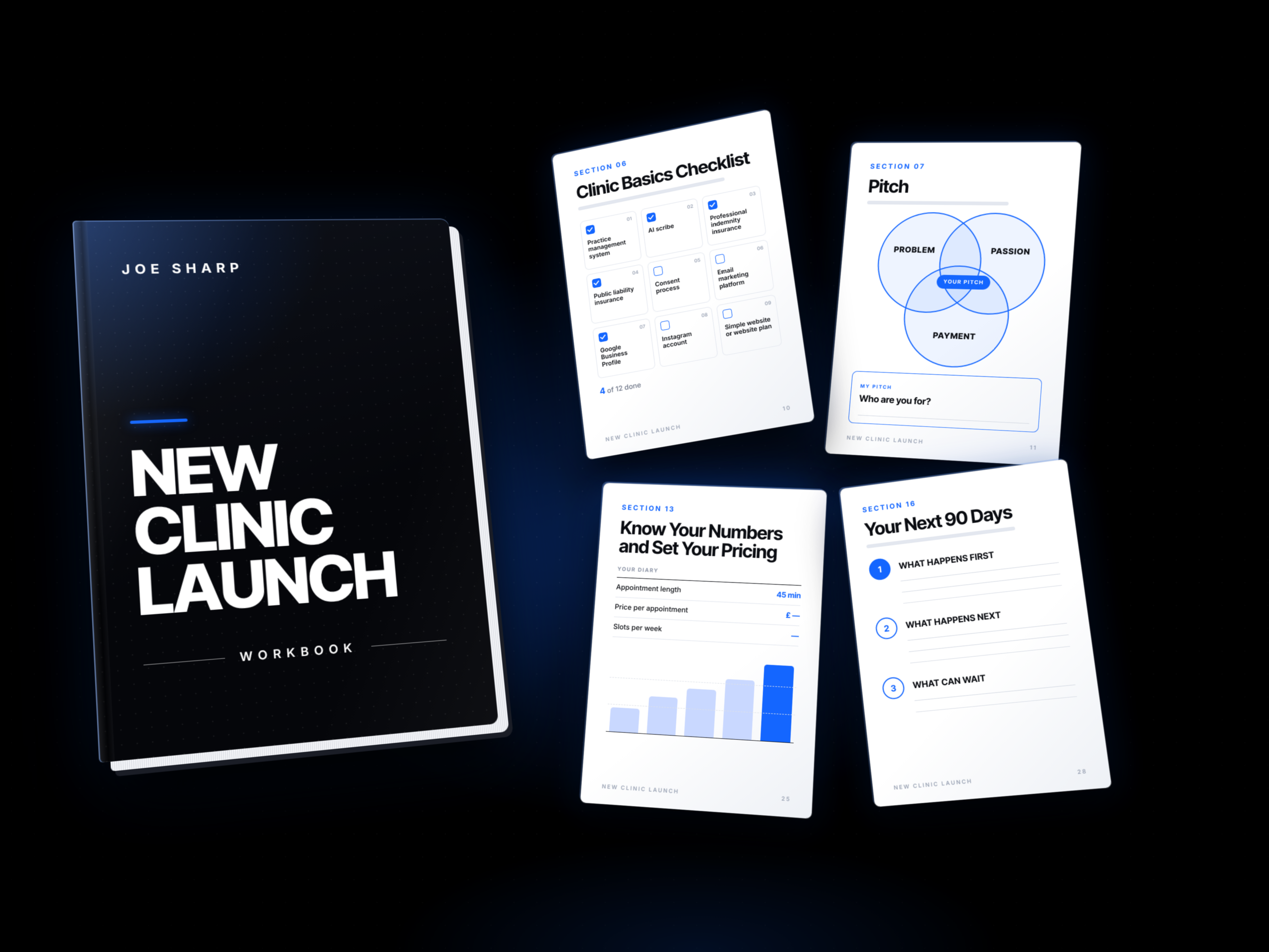 The New Clinic Launch workbook, with lesson exercises and a 90-day roadmap