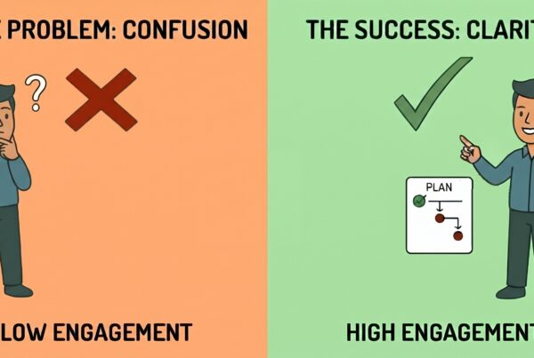 Illustration comparing a physio clinic problem and solution, showing low average patient visits and a confused patient, then NoteSense Coach improving session one communication so visits rise and patients understand their treatment plan, from our physiotherapy clinics in Lincoln, Bawtry and Newark.