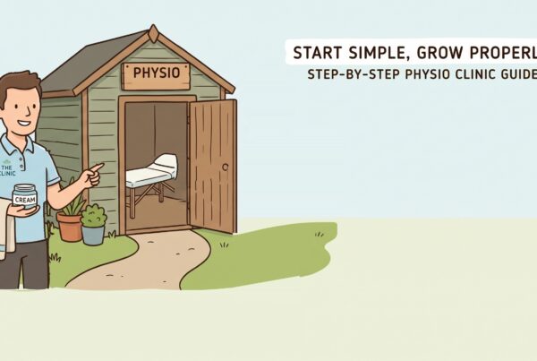 Illustration of a smiling physiotherapist pointing to a garden shed set up as a physio clinic with a treatment bed inside, holding a jar of cream and a towel, with the words "Start simple, grow properly", from our physiotherapy clinics in Lincoln, Bawtry and Newark.